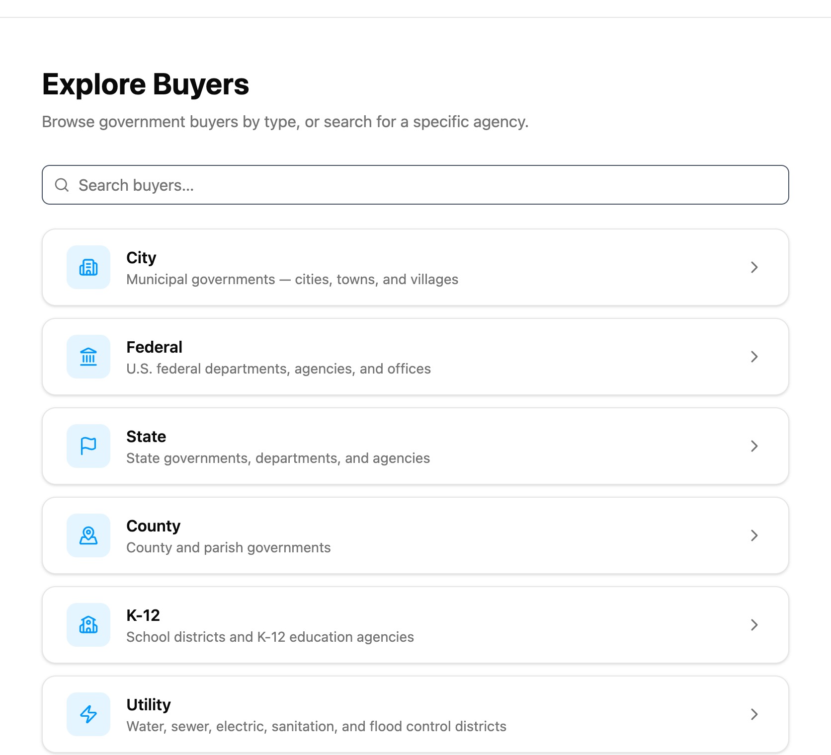 Government buyers browsable by type: City, Federal, State, County, K-12, Utility and more