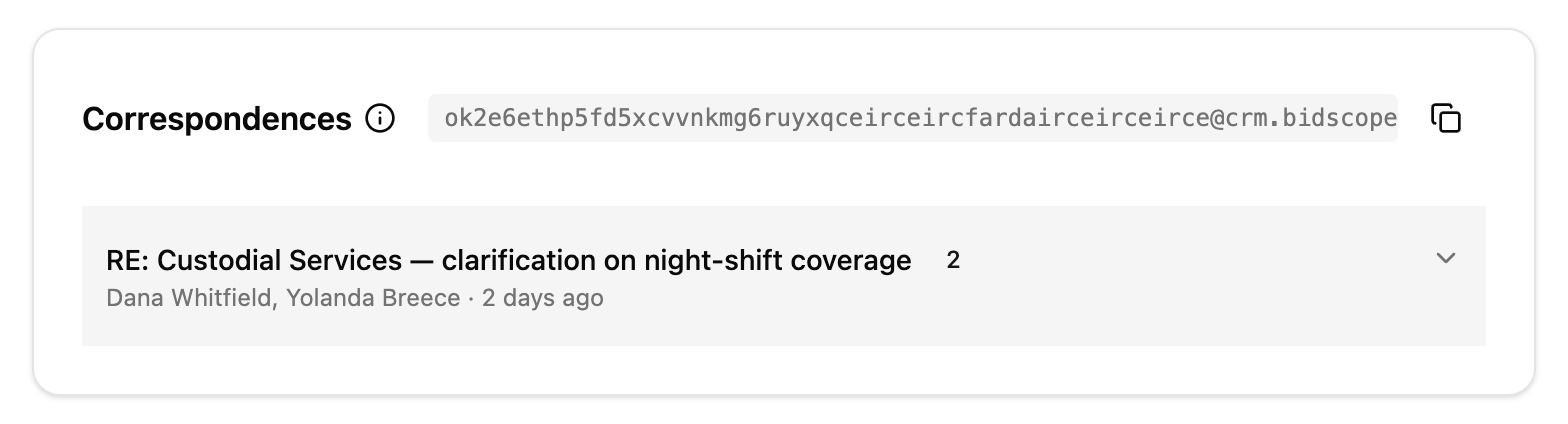 An opportunity's Correspondences card: its own inbound address, and the thread with the contracting officer filed under it