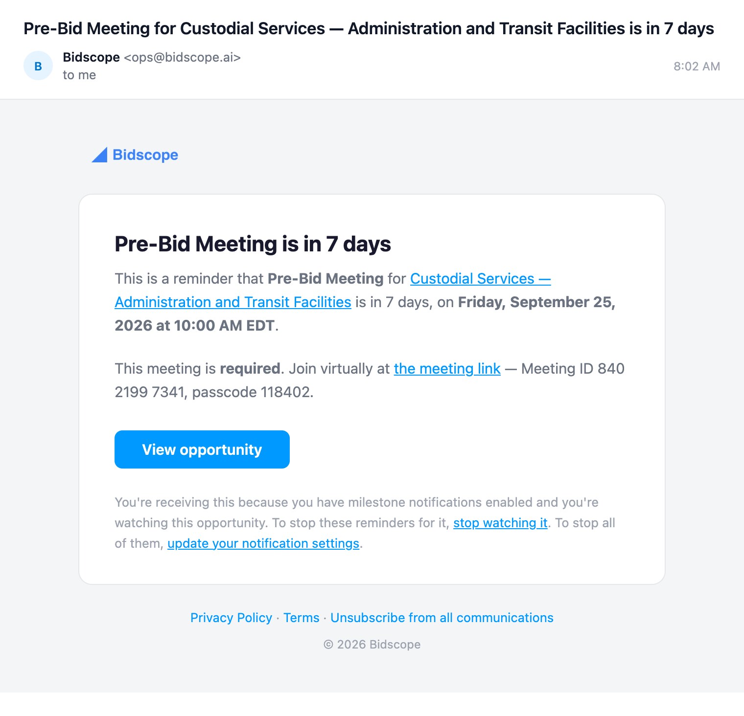 A reminder email saying a pre-bid meeting is in seven days, with the date, whether it is required and the join link