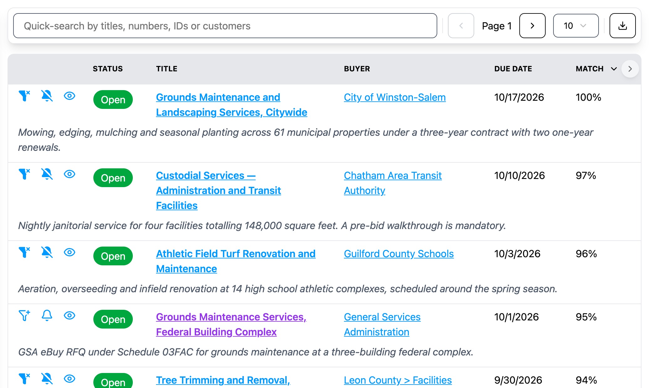 A GSA eBuy RFQ in the Open Opportunities list beside public solicitations, marked in purple with its own match score