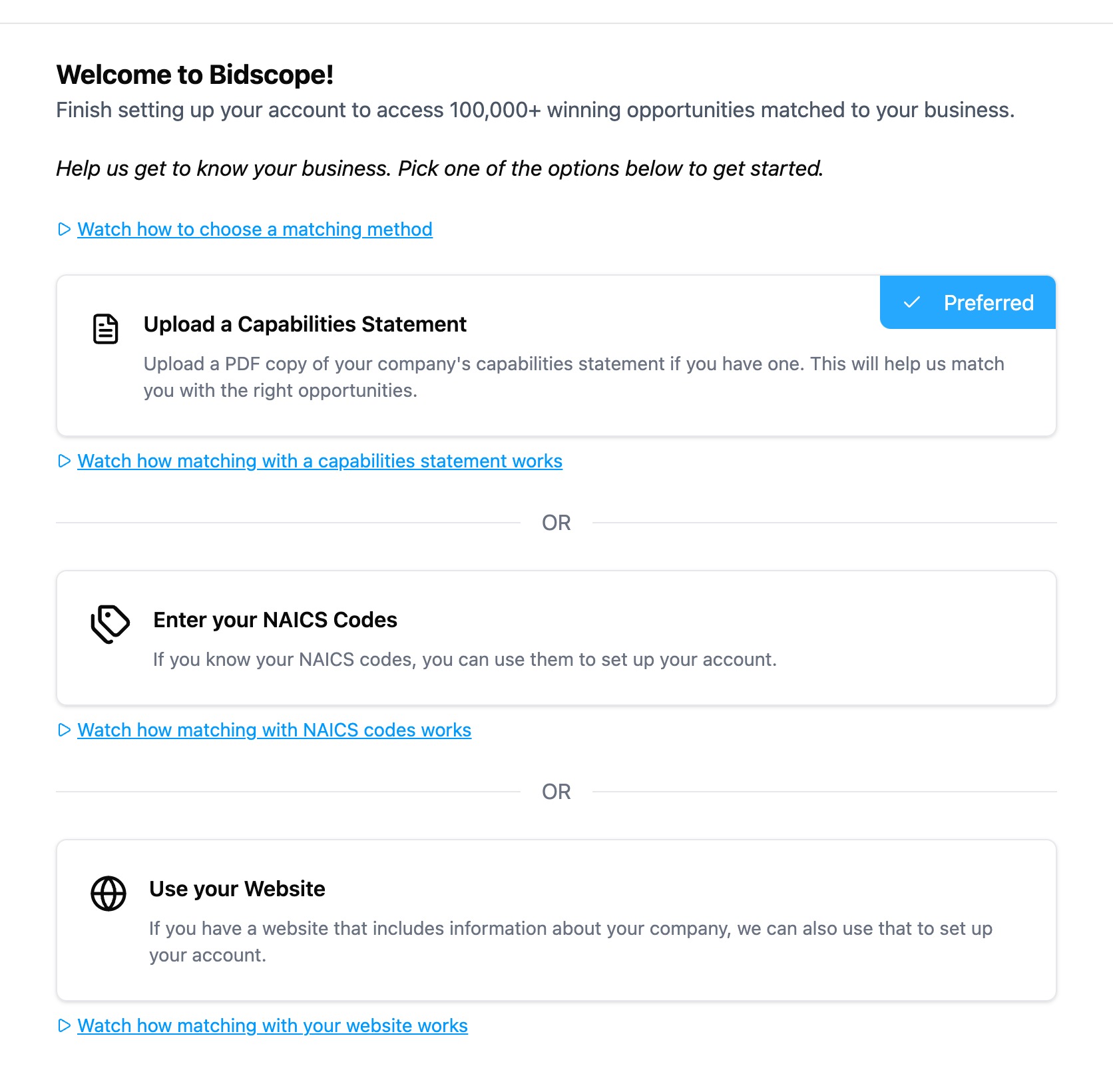 Onboarding offering three ways to build a matching profile: upload a capabilities statement, enter NAICS codes, or point Bidscope at your website