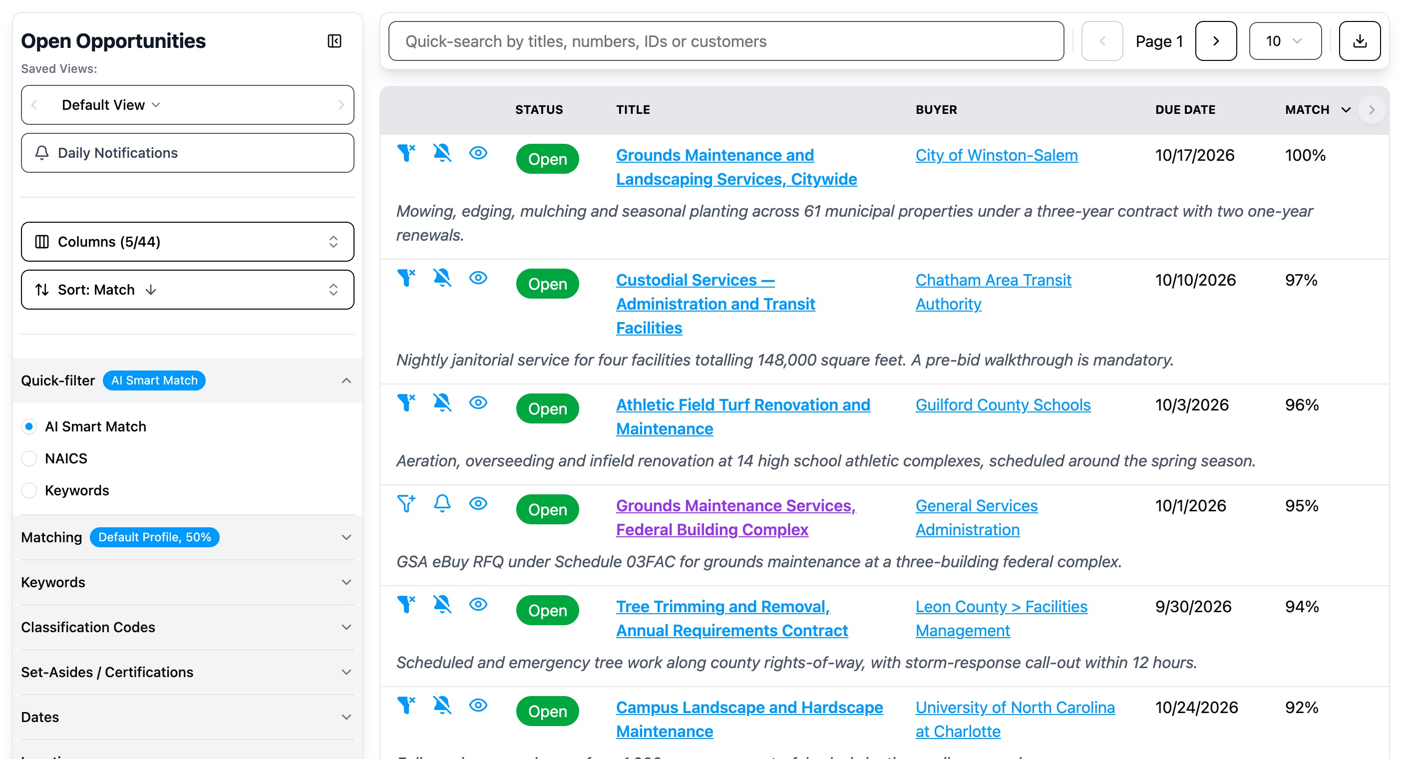Federal, state, city and school-district solicitations in one table, each with a match score, buyer and due date
