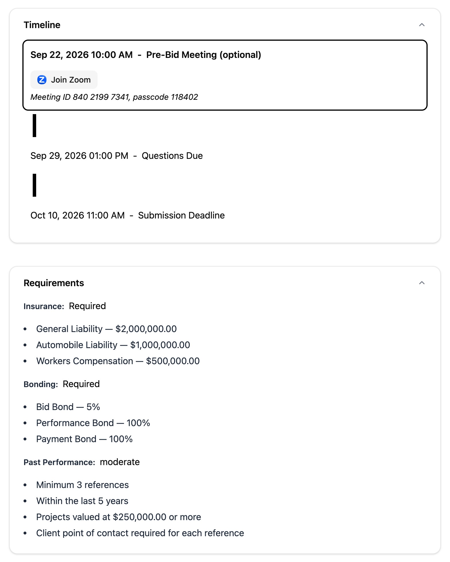 A solicitation page showing extracted fields for bonding, insurance, set-asides and milestone dates alongside the original documents