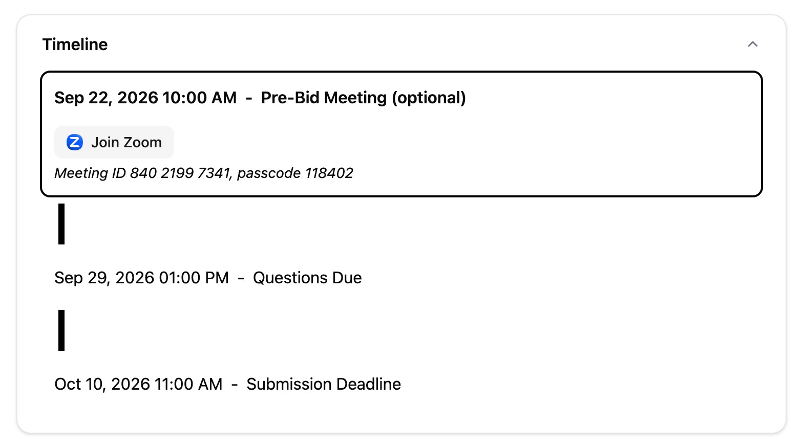 A solicitation's extracted timeline: the pre-bid meeting with its join link, the questions deadline and the submission date