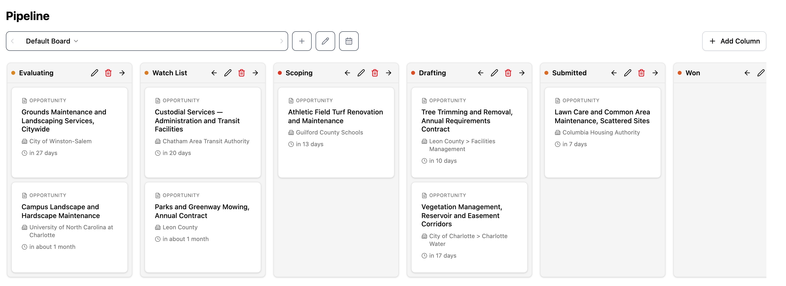 The Pipeline board with opportunities in Evaluating, Watch List, Scoping, Drafting and Submitted, each card showing its buyer and how many days are left