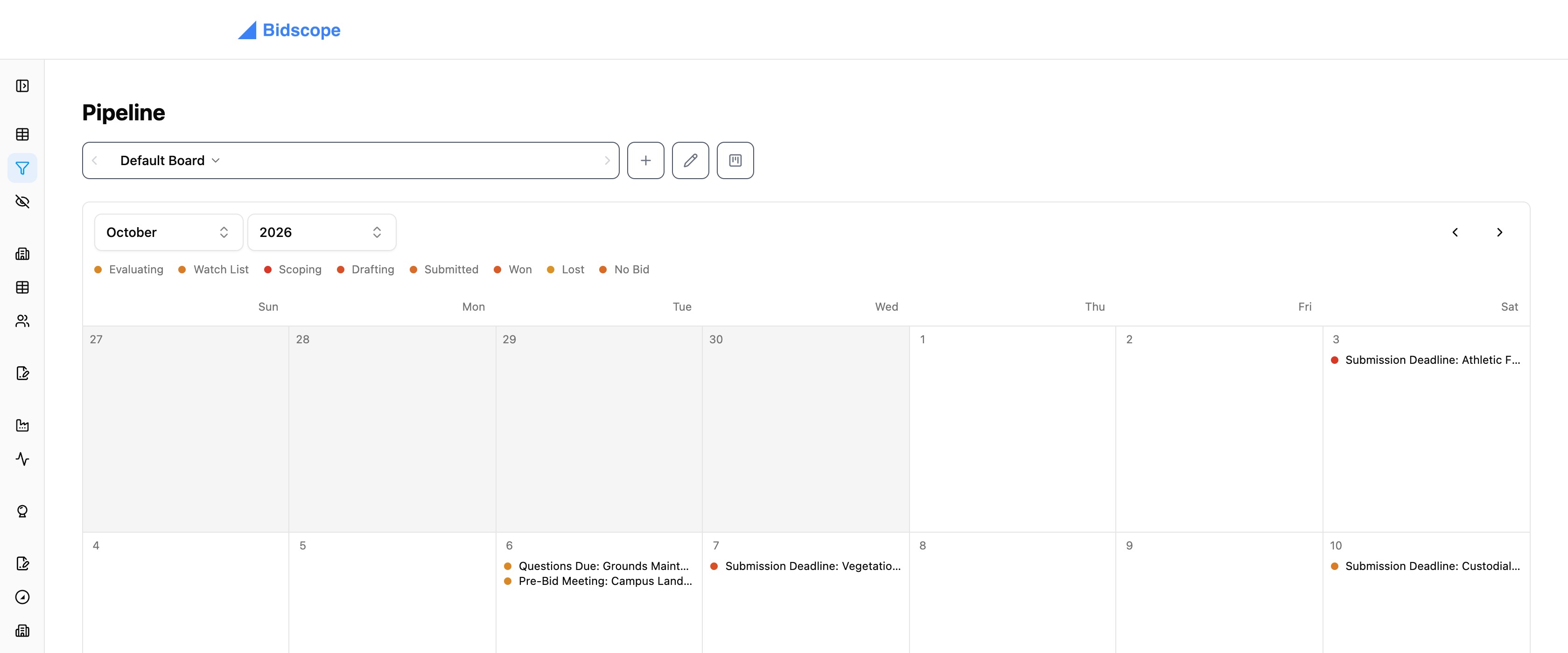 The pipeline's calendar view with submission deadlines and pre-bid meetings plotted across the month