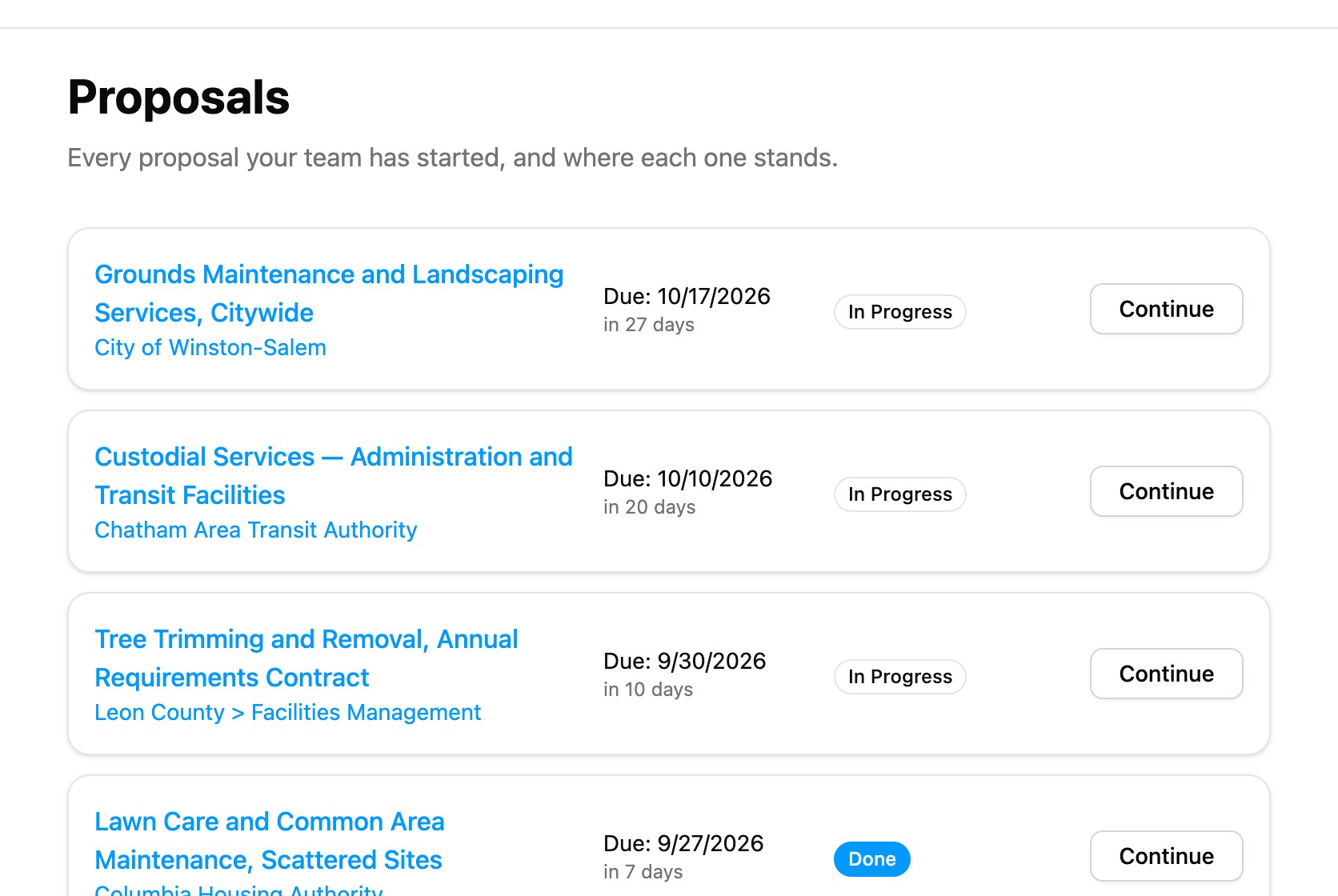 The proposals list showing each response's due date and status, with a button to continue or view it