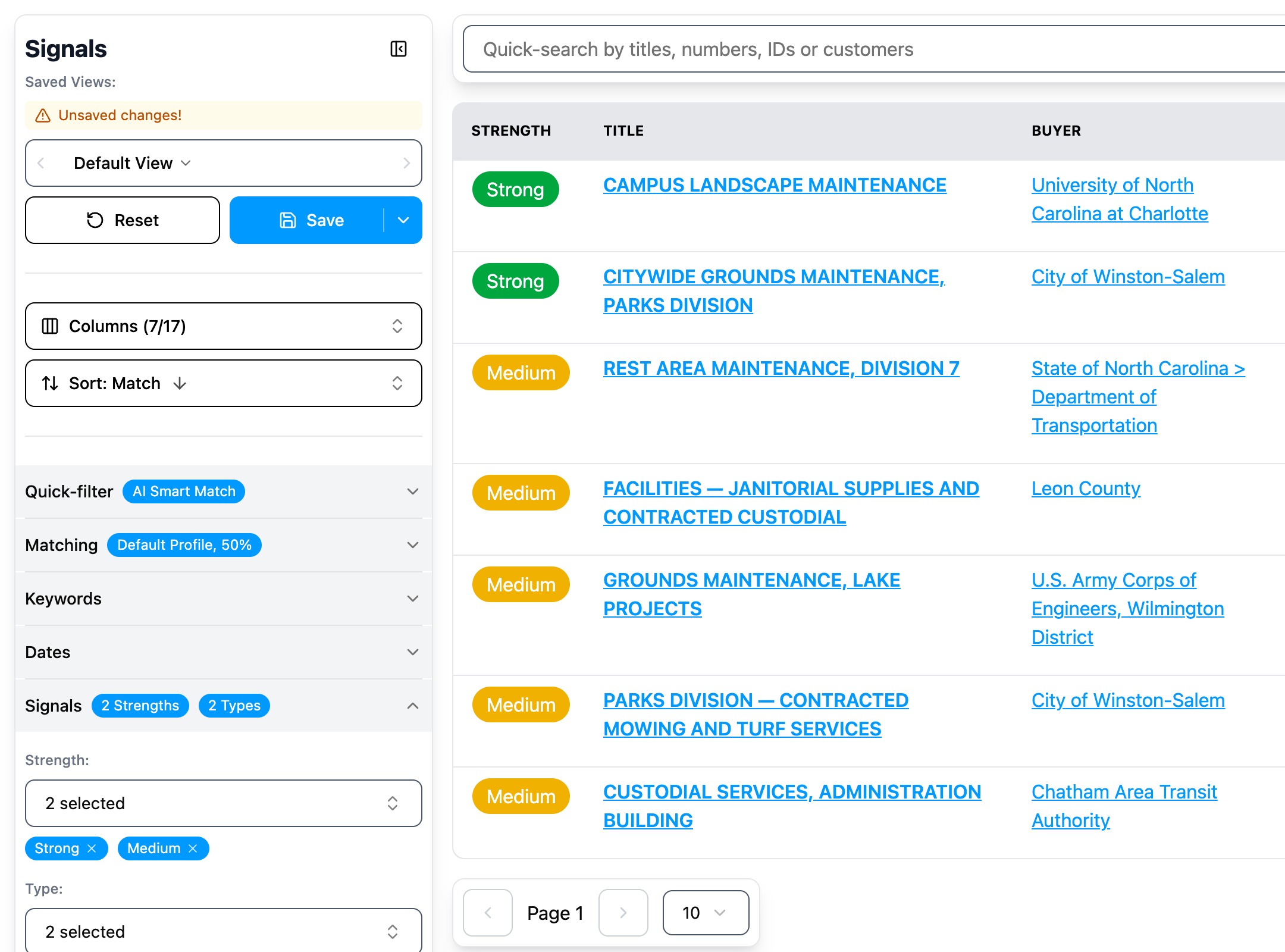 Signal filters narrowed by strength and type, cutting the list down to firm dates