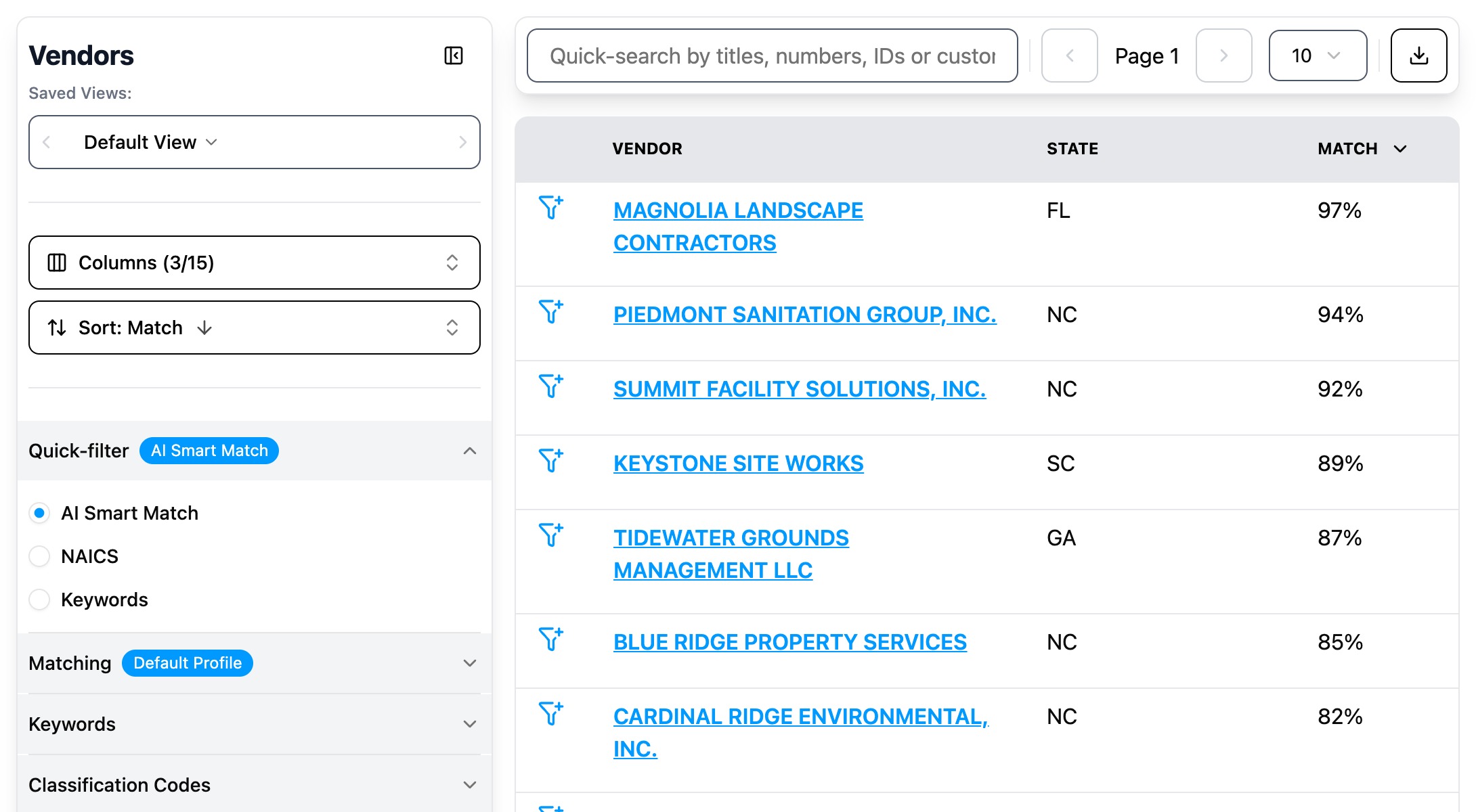 A vendor list ranked by match score against the viewing company's capabilities
